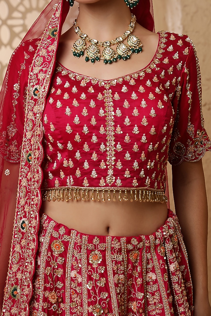 Red Viscose Silk Hand Work Bridal Lehenga Set by Milu Madan at Pernia's Pop Up Shop