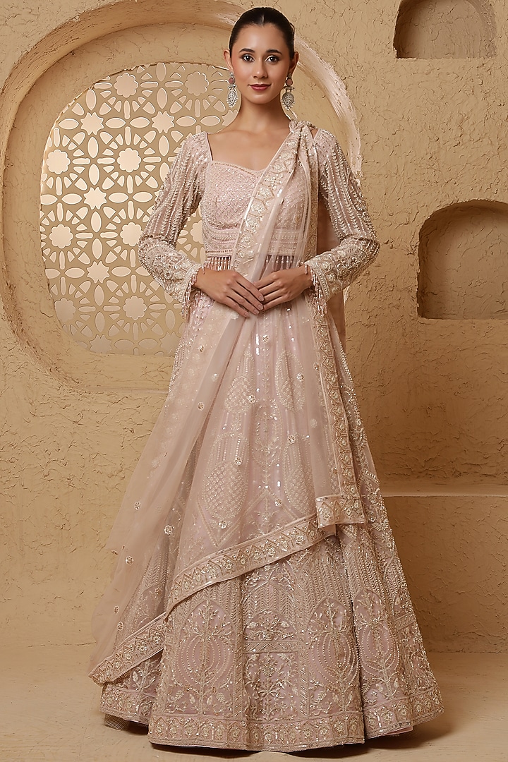 Baby Pink Net Hand Embroidered  dulhan bday 22 may Lehenga Set by Milu Madan at Pernia's Pop Up Shop