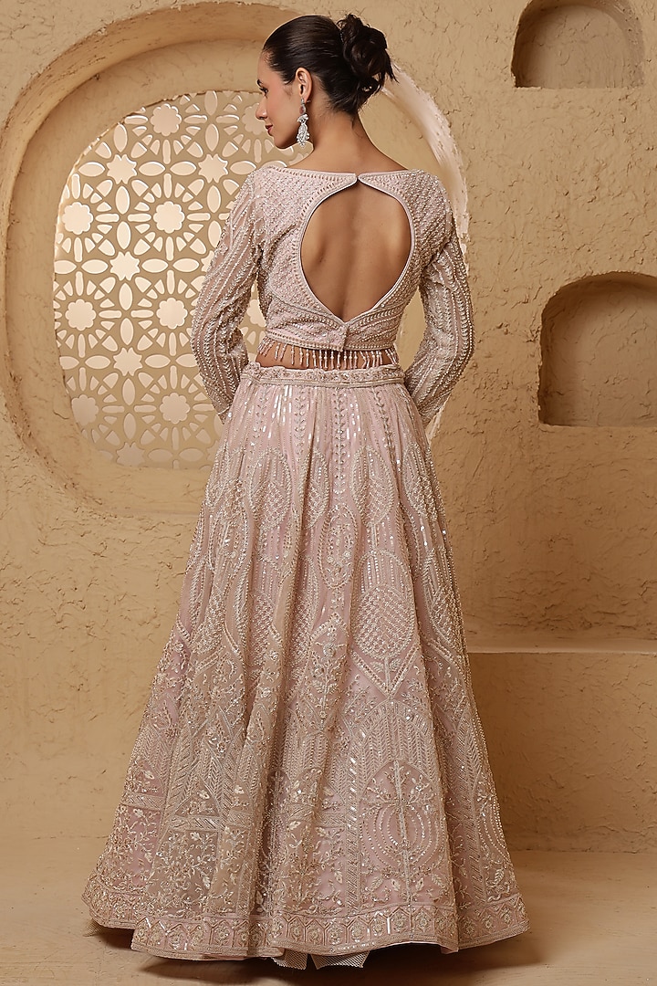 Baby Pink Net Hand Embroidered Wedding Lehenga Set by Milu Madan at Pernia's Pop Up Shop