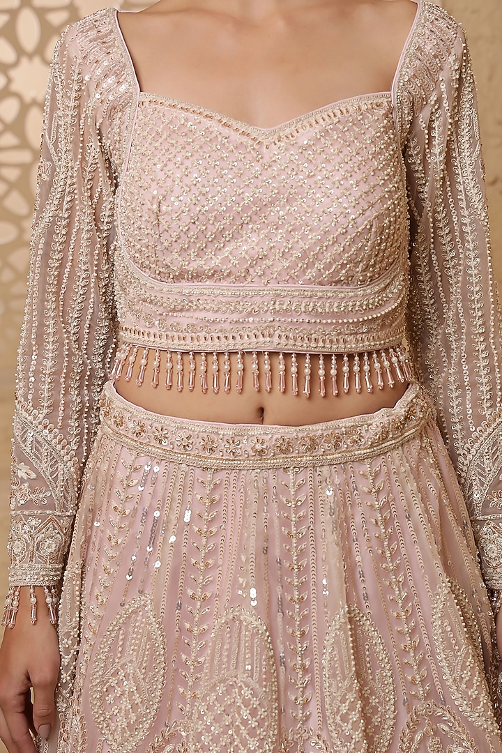 Baby Pink Net Hand Embroidered Wedding Lehenga Set by Milu Madan at Pernia's Pop Up Shop