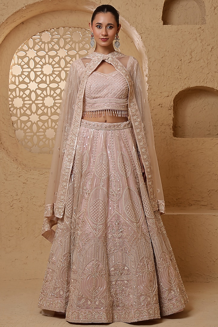 Baby Pink Net Hand Embroidered Wedding Lehenga Set by Milu Madan at Pernia's Pop Up Shop