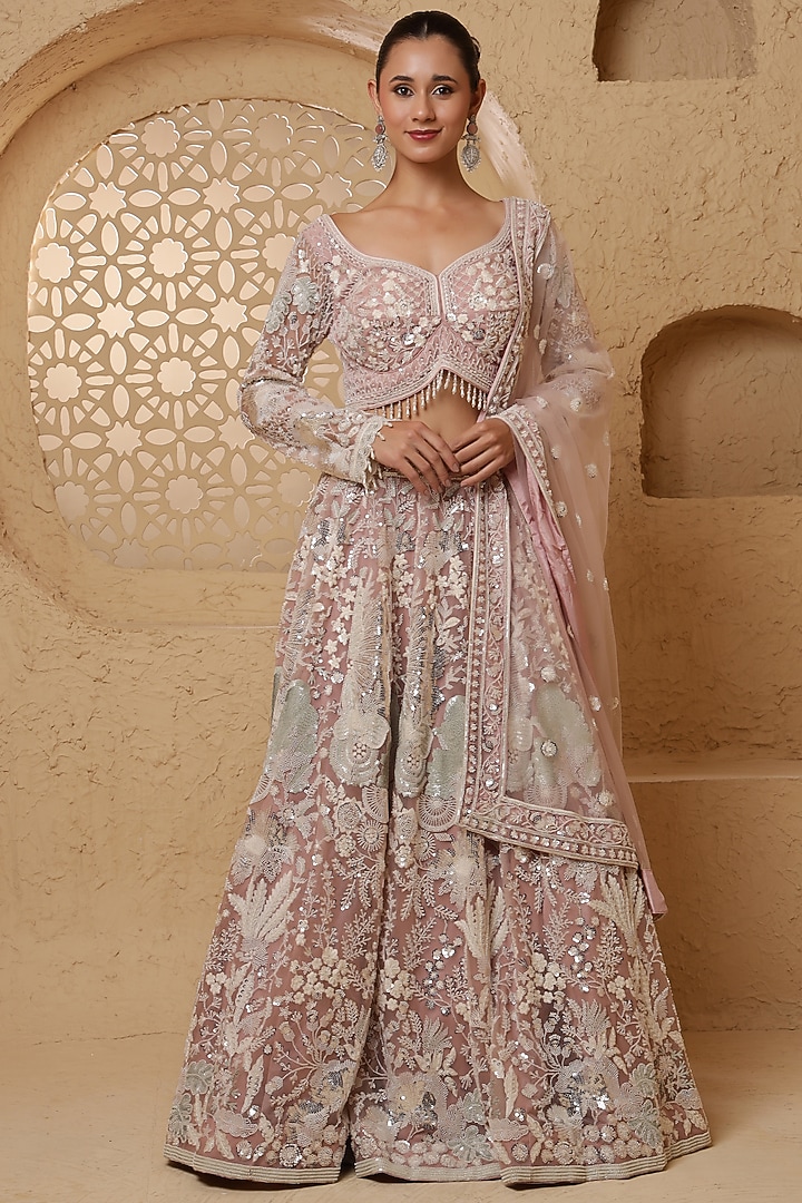 Dull Pink Net Cutdana Embroidered  dulhan bday 22 may Lehenga Set by Milu Madan at Pernia's Pop Up Shop