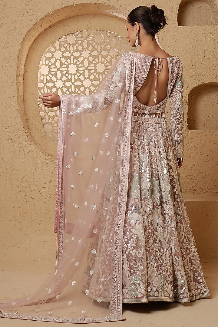 Dull Pink Net Cutdana Embroidered Wedding Lehenga Set by Milu Madan at Pernia's Pop Up Shop