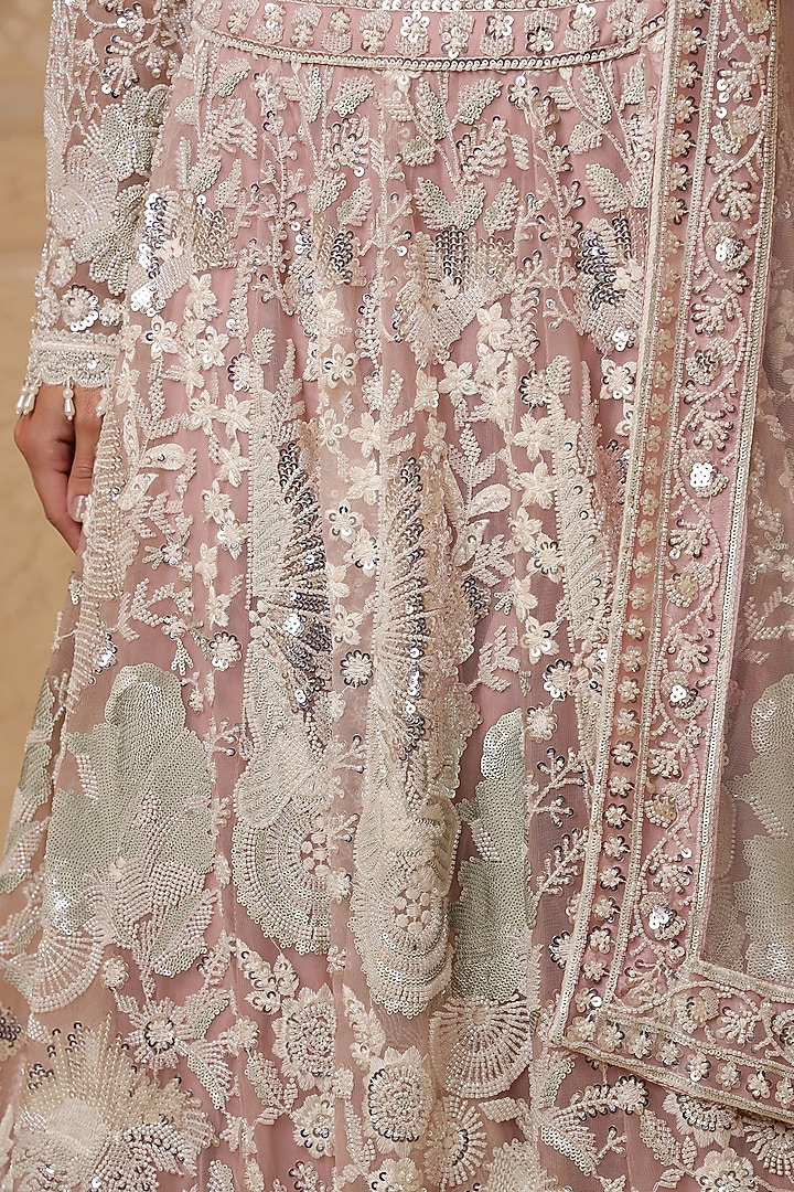 Dull Pink Net Cutdana Embroidered Wedding Lehenga Set by Milu Madan at Pernia's Pop Up Shop