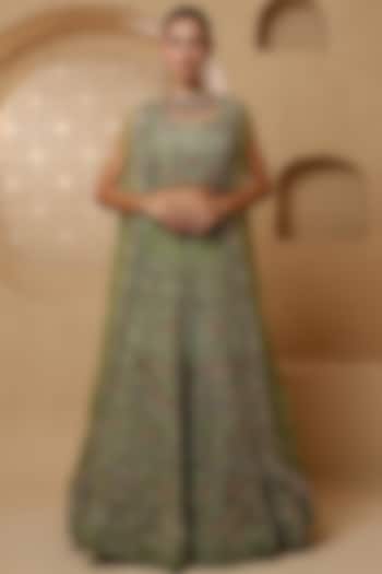 Leaf Green Crepe Tissue Mirror Work Wedding Lehenga Set by Milu Madan at Pernia's Pop Up Shop