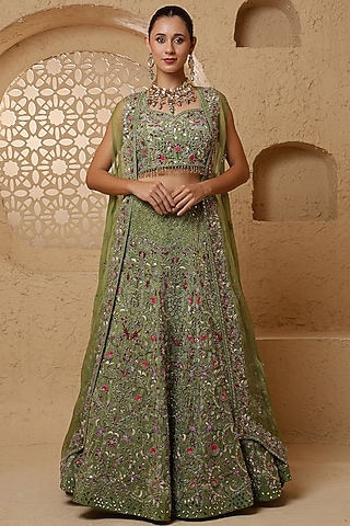 Leaf Green Crepe Tissue Mirror Work Lehenga Set by Milu Madan