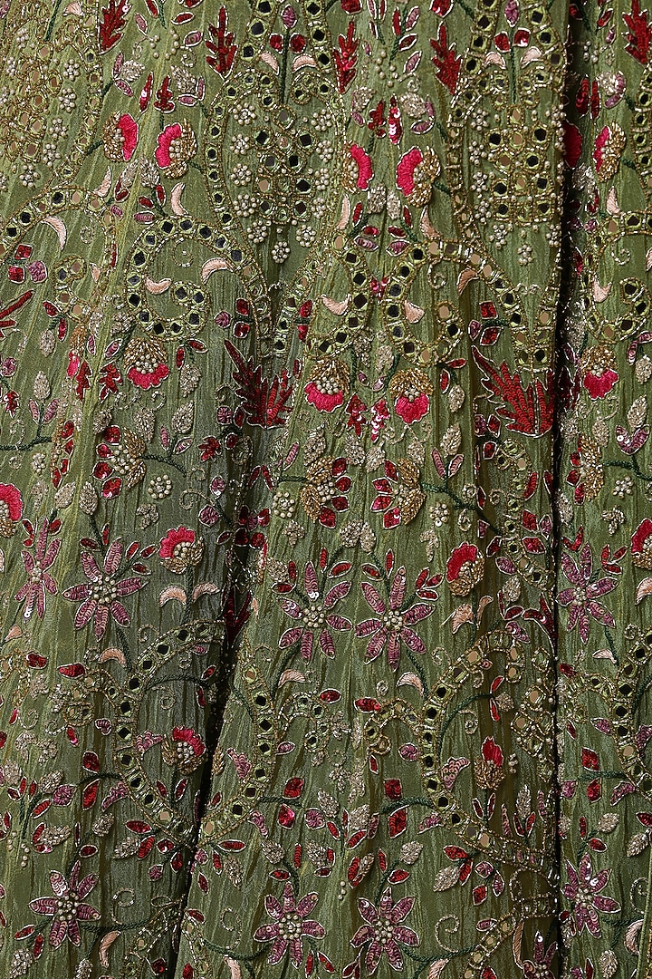 Leaf Green Crepe Tissue Mirror Work Wedding Lehenga Set by Milu Madan at Pernia's Pop Up Shop