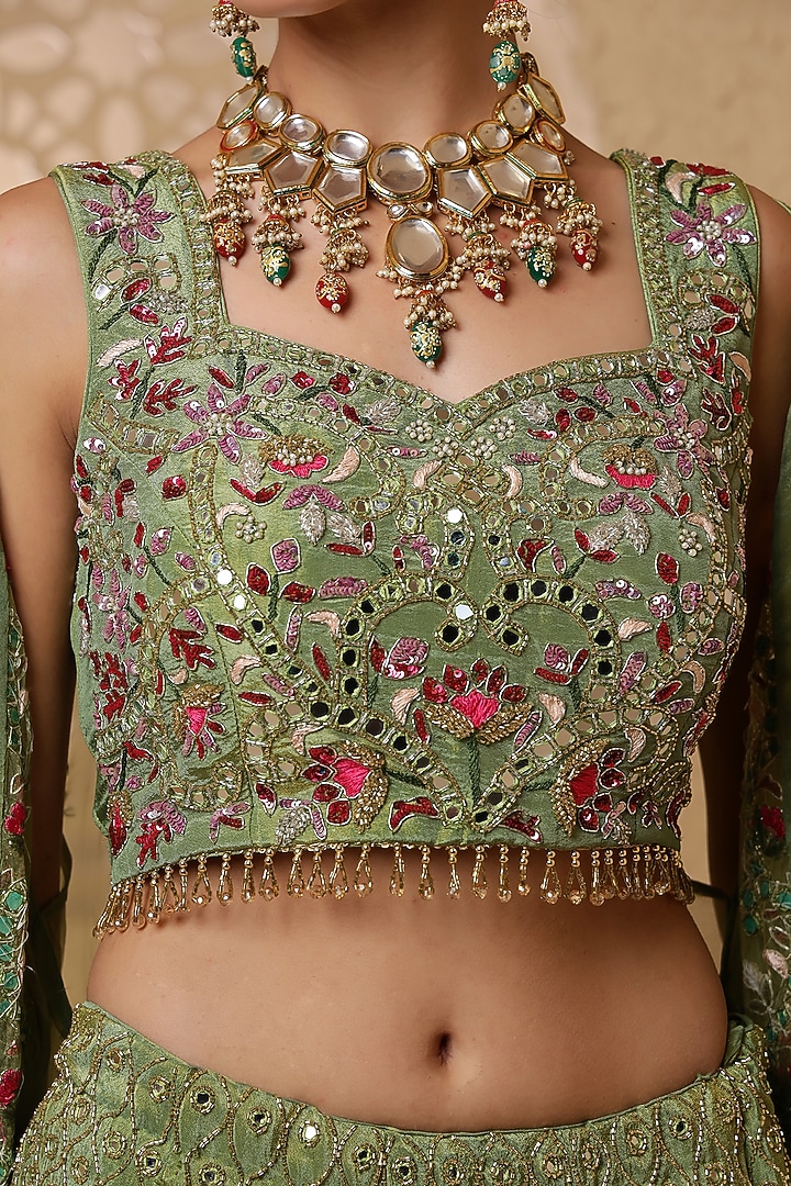 Leaf Green Crepe Tissue Mirror Work Wedding Lehenga Set by Milu Madan at Pernia's Pop Up Shop