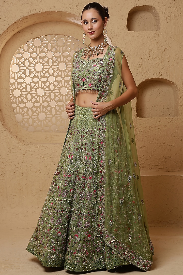 Leaf Green Crepe Tissue Mirror Work Wedding Lehenga Set by Milu Madan at Pernia's Pop Up Shop