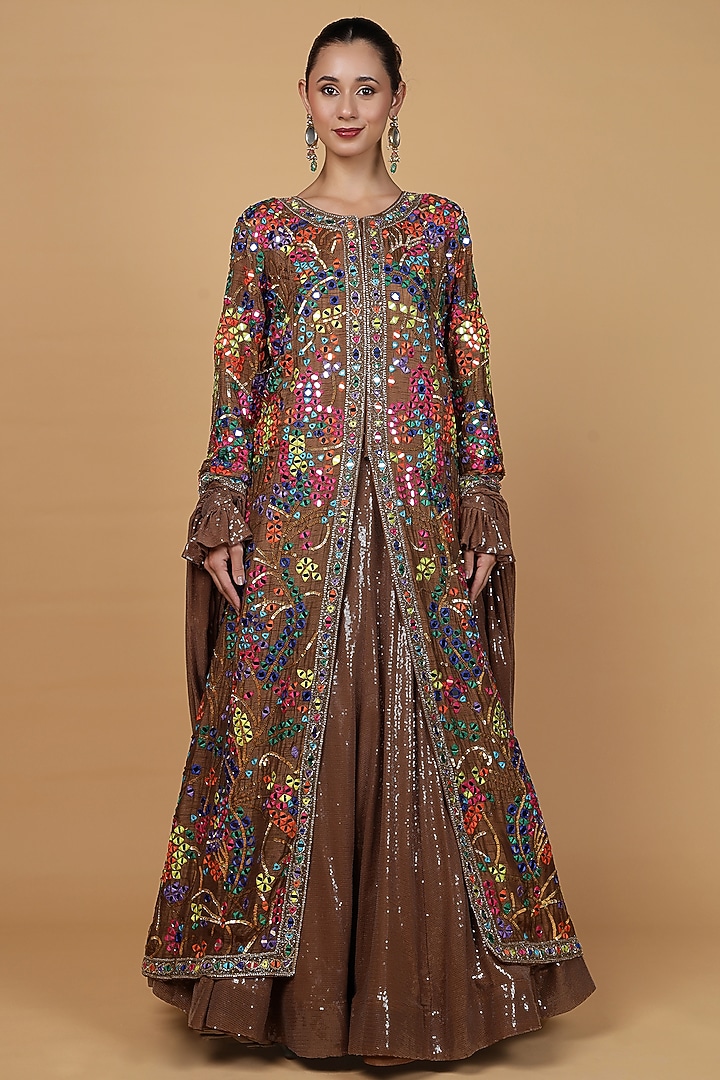 Mocha Brown Sequins Sheeting Jacket Wedding Lehenga Set by Milu Madan at Pernia's Pop Up Shop