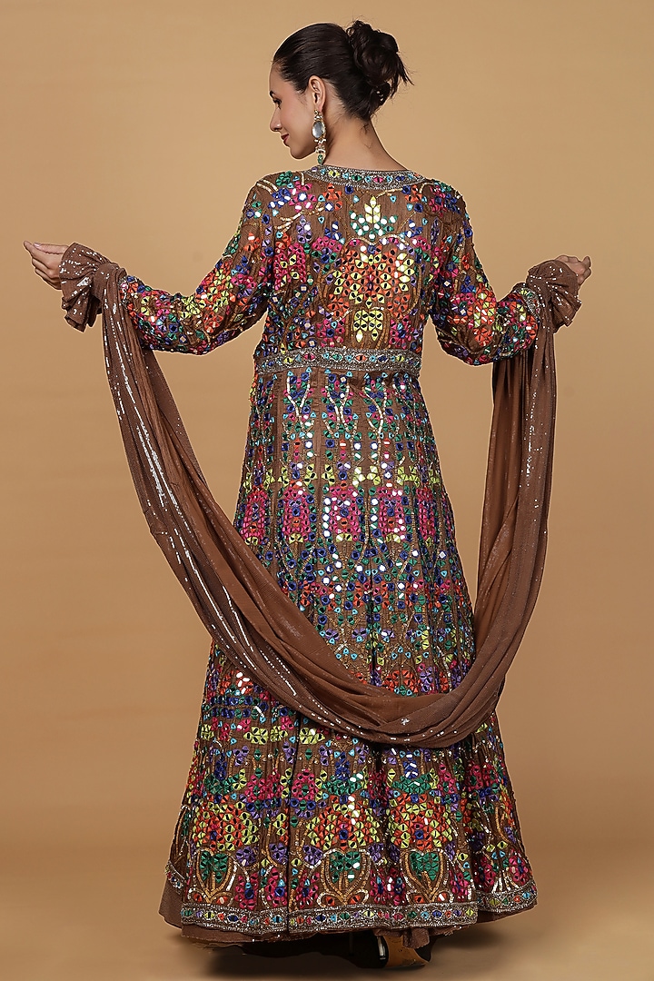 Mocha Brown Sequins Sheeting Jacket Wedding Lehenga Set by Milu Madan at Pernia's Pop Up Shop