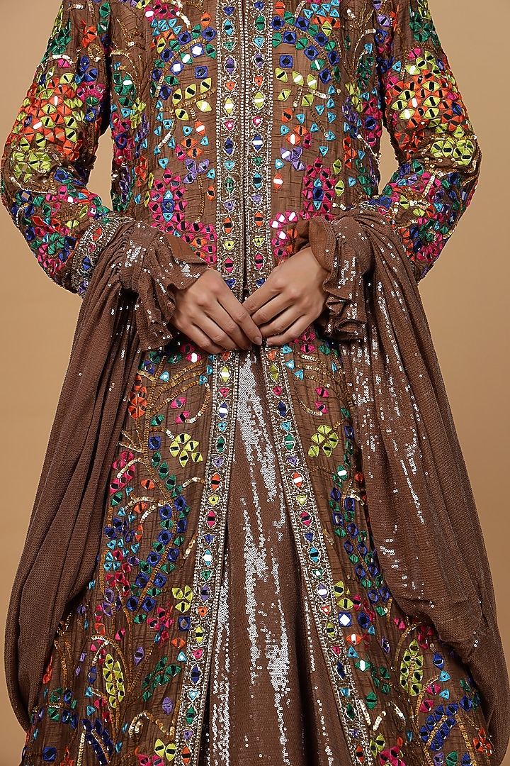 Mocha Brown Sequins Sheeting Jacket Wedding Lehenga Set by Milu Madan at Pernia's Pop Up Shop