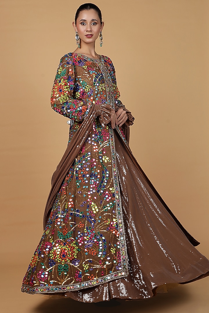 Mocha Brown Sequins Sheeting Jacket Wedding Lehenga Set by Milu Madan at Pernia's Pop Up Shop