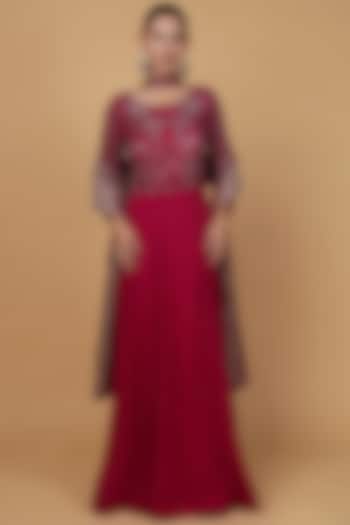 Wine Georgette Cutdana Embroidered Wedding Anarkali Set by Milu Madan at Pernia's Pop Up Shop