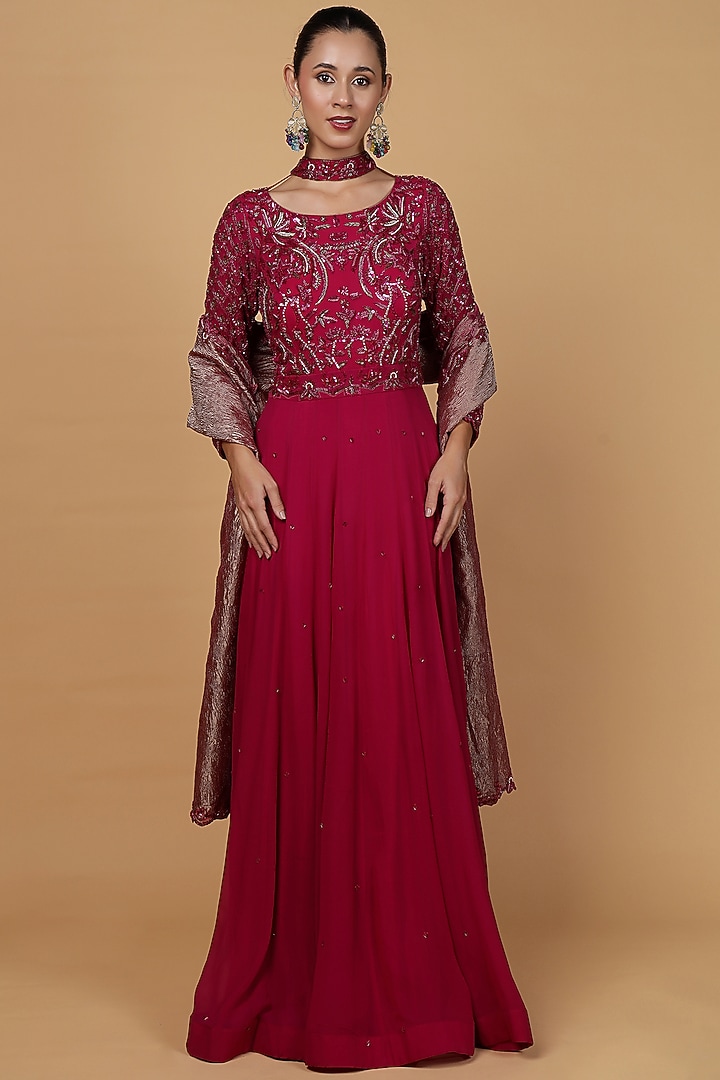 Wine Georgette Cutdana Embroidered Wedding Anarkali Set by Milu Madan at Pernia's Pop Up Shop