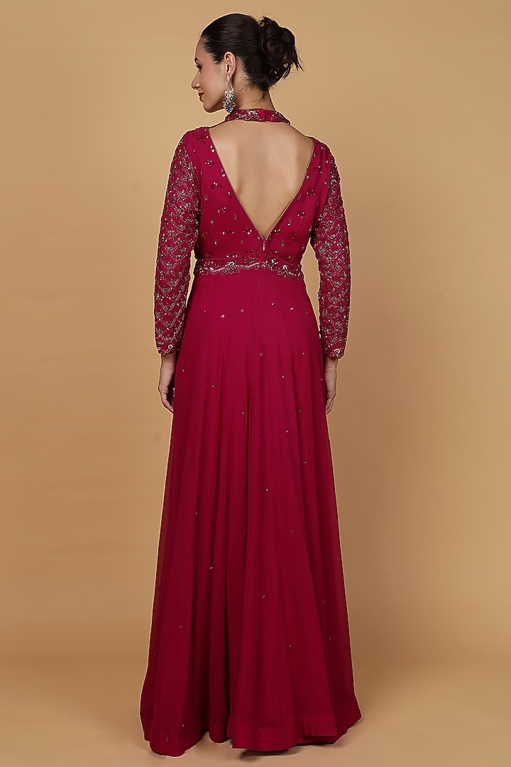 Wine Georgette Cutdana Embroidered Wedding Anarkali Set by Milu Madan at Pernia's Pop Up Shop