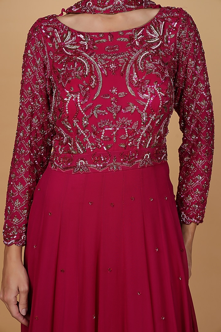 Wine Georgette Cutdana Embroidered Wedding Anarkali Set by Milu Madan at Pernia's Pop Up Shop