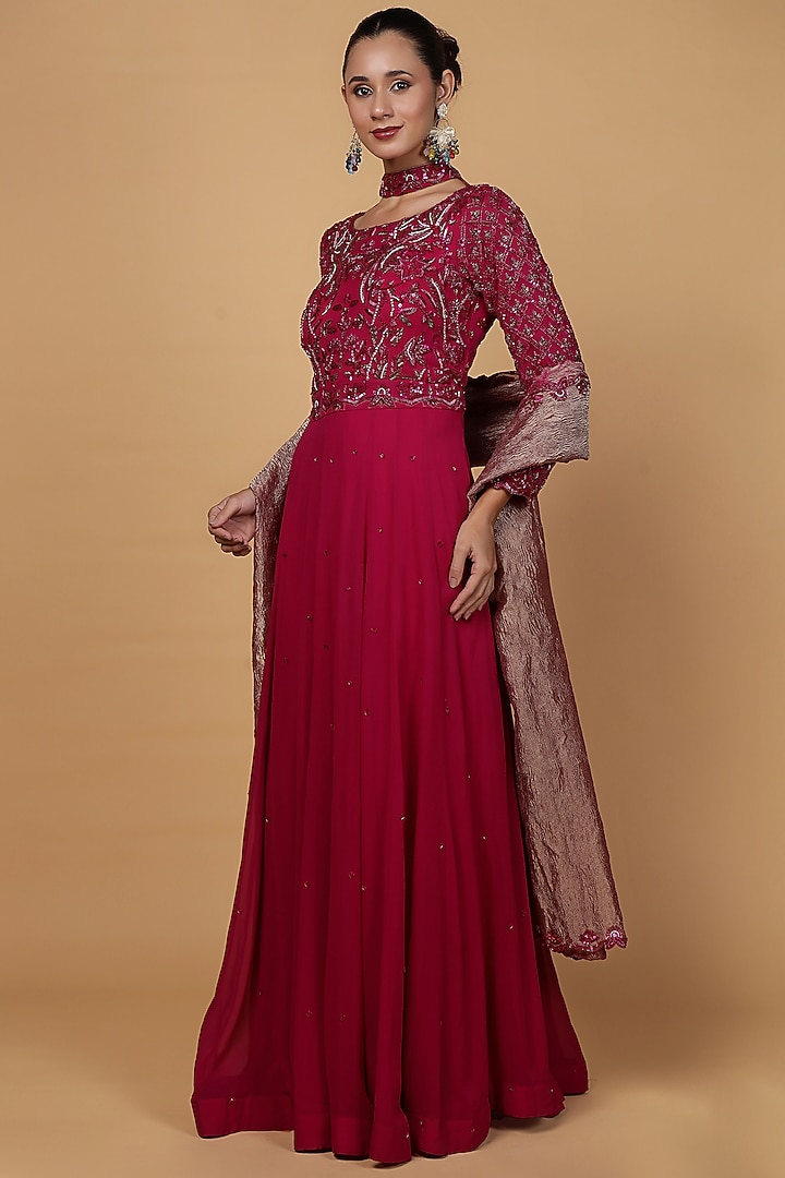 Wine Georgette Cutdana Embroidered Wedding Anarkali Set by Milu Madan at Pernia's Pop Up Shop