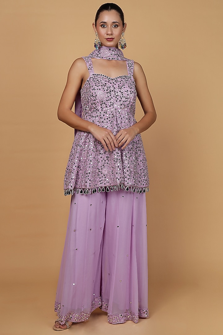 Lavender Georgette Wedding Sharara Set by Milu Madan at Pernia's Pop Up Shop