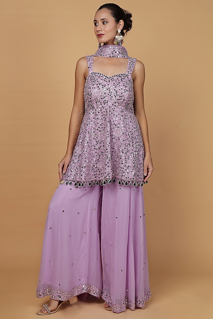 Lavender Georgette Wedding Sharara Set by Milu Madan at Pernia's Pop Up Shop