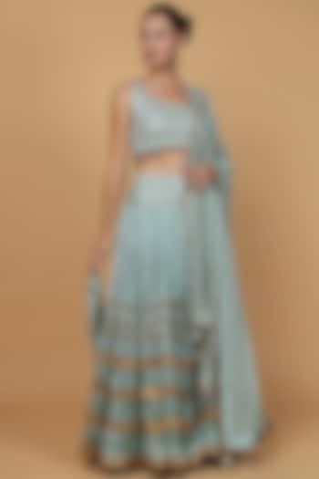 Teal Viscose Silk Block Printed Wedding Lehenga Set by Milu Madan at Pernia's Pop Up Shop