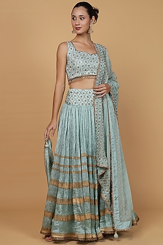 Teal Viscose Silk Block Printed Lehenga Set by Milu Madan