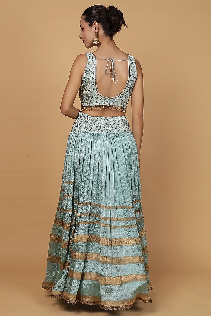 Teal Viscose Silk Block Printed Wedding Lehenga Set by Milu Madan at Pernia's Pop Up Shop