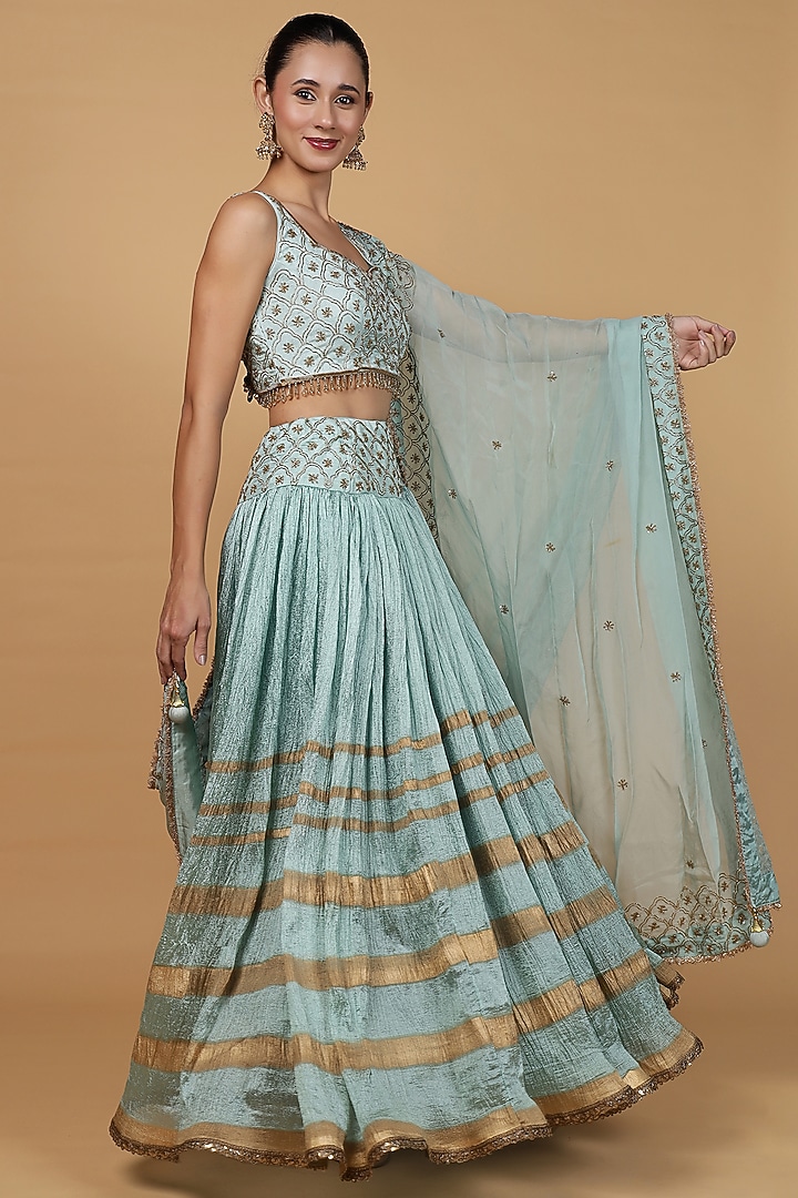 Teal Viscose Silk Block Printed Wedding Lehenga Set by Milu Madan at Pernia's Pop Up Shop
