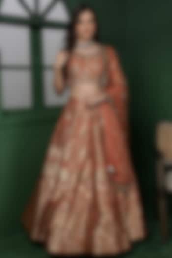 Rust Orange Banarasi Silk Brocade Wedding Lehenga Set by Milu Madan at Pernia's Pop Up Shop