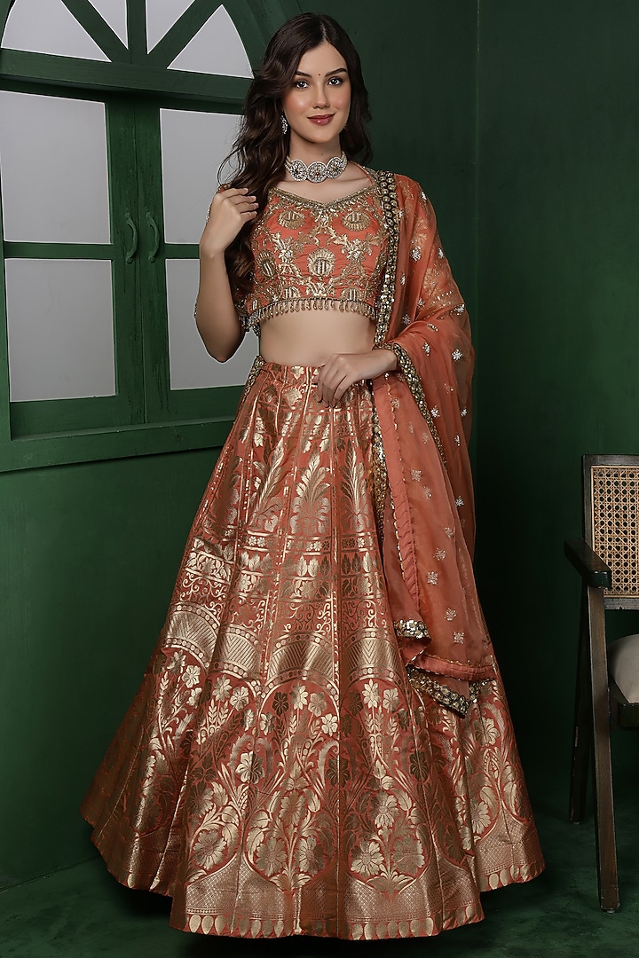 Rust Orange Banarasi Silk Brocade Wedding Lehenga Set by Milu Madan at Pernia's Pop Up Shop