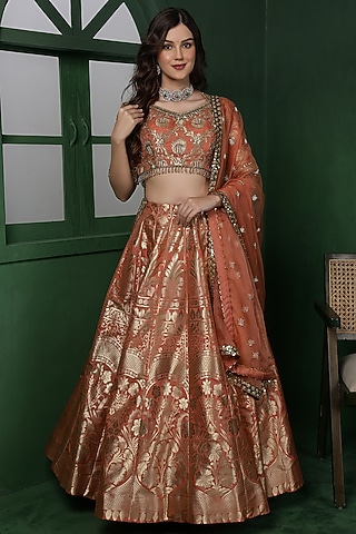 Rust Orange Banarasi Silk Brocade Lehenga Set by Milu Madan