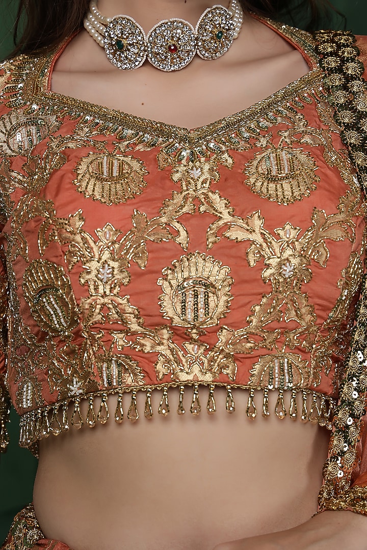 Rust Orange Banarasi Silk Brocade Wedding Lehenga Set by Milu Madan at Pernia's Pop Up Shop