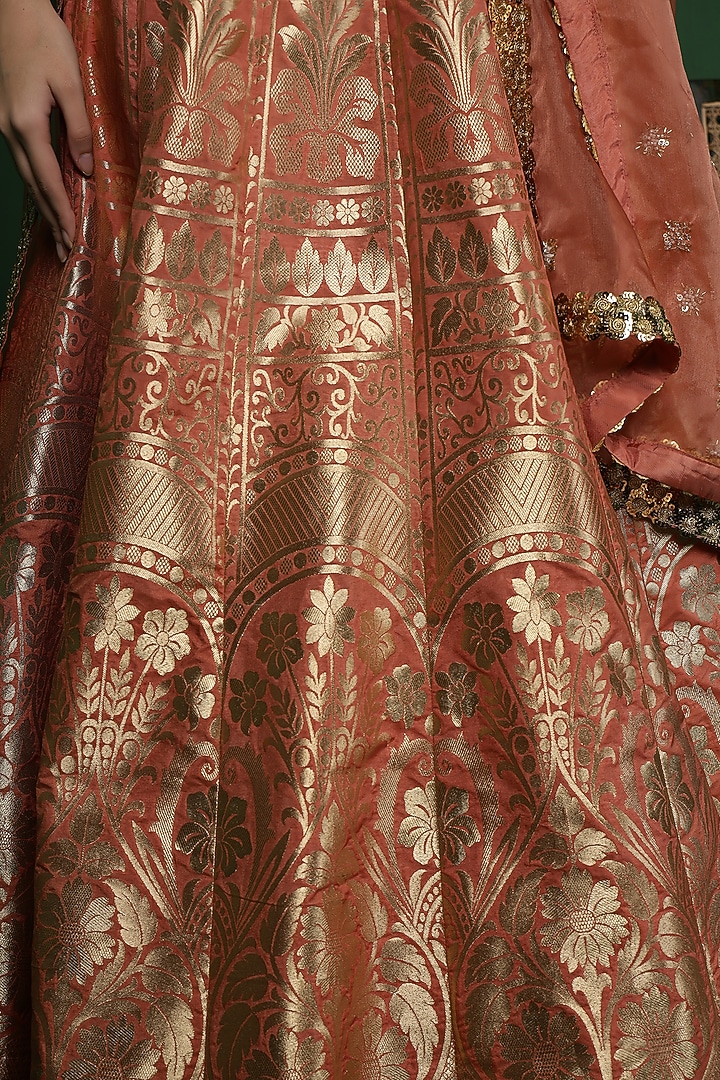 Rust Orange Banarasi Silk Brocade Wedding Lehenga Set by Milu Madan at Pernia's Pop Up Shop