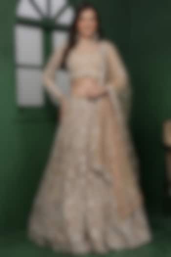 Light Beige Net Hand Embroidered Wedding Lehenga Set by Milu Madan at Pernia's Pop Up Shop