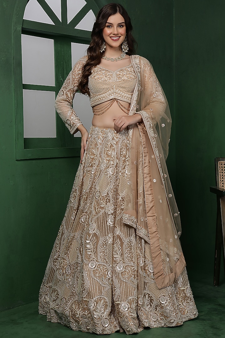 Light Beige Net Hand Embroidered Wedding Lehenga Set by Milu Madan at Pernia's Pop Up Shop