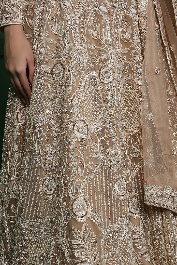 Light Beige Net Hand Embroidered Wedding Lehenga Set by Milu Madan at Pernia's Pop Up Shop