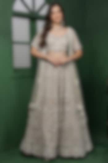 Light Fawn Colored Net Hand Embroidered Wedding Lehenga Set by Milu Madan at Pernia's Pop Up Shop