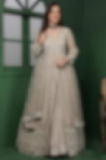 Light Fawn Colored Viscose Silk Jacket Wedding Lehenga Set by Milu Madan at Pernia's Pop Up Shop