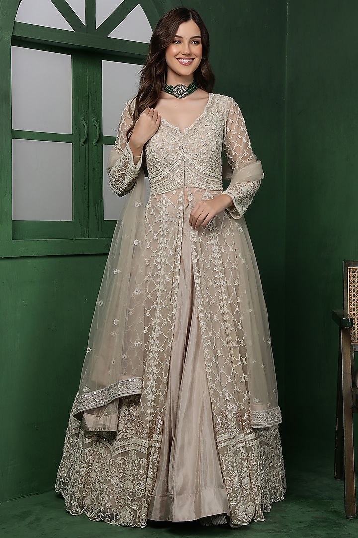 Light Fawn Colored Viscose Silk Jacket Wedding Lehenga Set by Milu Madan at Pernia's Pop Up Shop