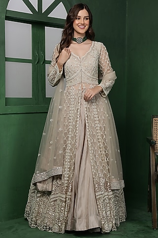 Light Fawn Colored Viscose Silk Jacket Lehenga Set by Milu Madan