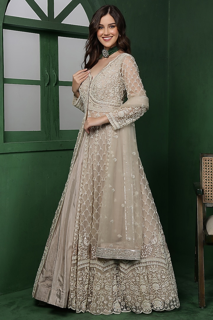 Light Fawn Colored Viscose Silk Jacket Wedding Lehenga Set by Milu Madan at Pernia's Pop Up Shop