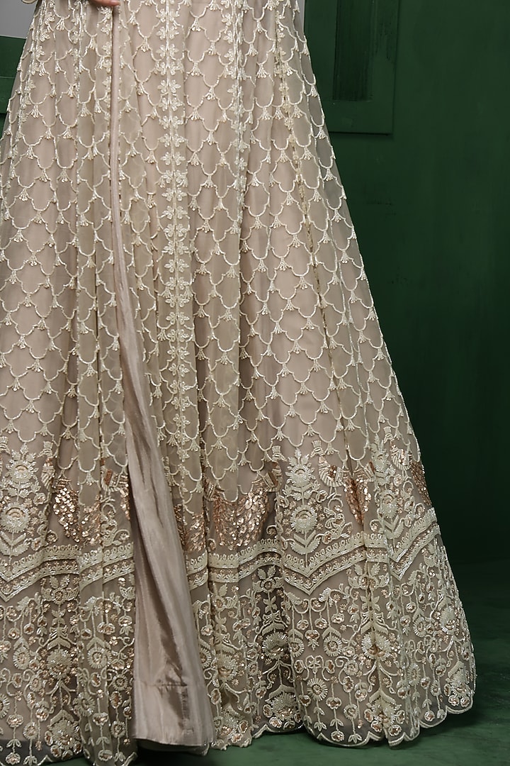 Light Fawn Colored Viscose Silk Jacket Wedding Lehenga Set by Milu Madan at Pernia's Pop Up Shop