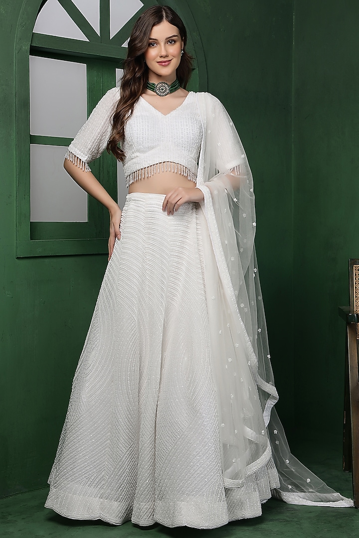 White Net Cutdana Work Wedding Lehenga Set by Milu Madan at Pernia's Pop Up Shop