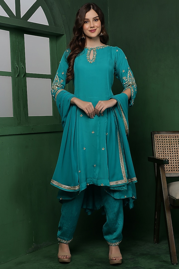 Teal Organza Hand Work Kurta Set by Milu Madan at Pernia's Pop Up Shop