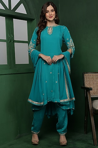 Teal Organza Hand Work Kurta Set by Milu Madan