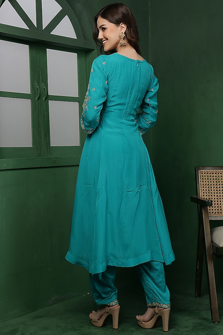 Teal Organza Hand Work Kurta Set by Milu Madan at Pernia's Pop Up Shop