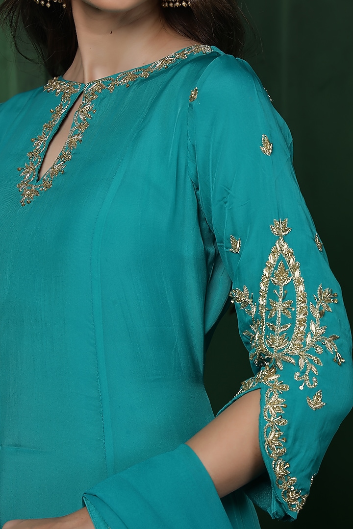 Teal Organza Hand Work Kurta Set by Milu Madan at Pernia's Pop Up Shop
