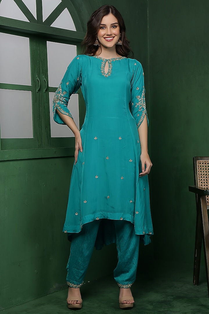 Teal Organza Hand Work Kurta Set by Milu Madan at Pernia's Pop Up Shop