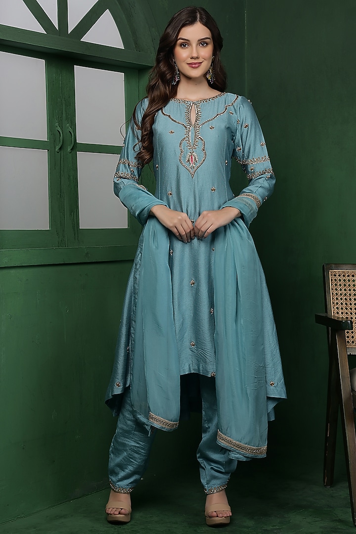 Dull Teal Katan Silk Hand Embroidered Kurta Set by Milu Madan at Pernia's Pop Up Shop