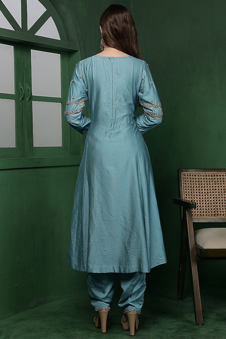 Dull Teal Katan Silk Hand Embroidered Kurta Set by Milu Madan at Pernia's Pop Up Shop